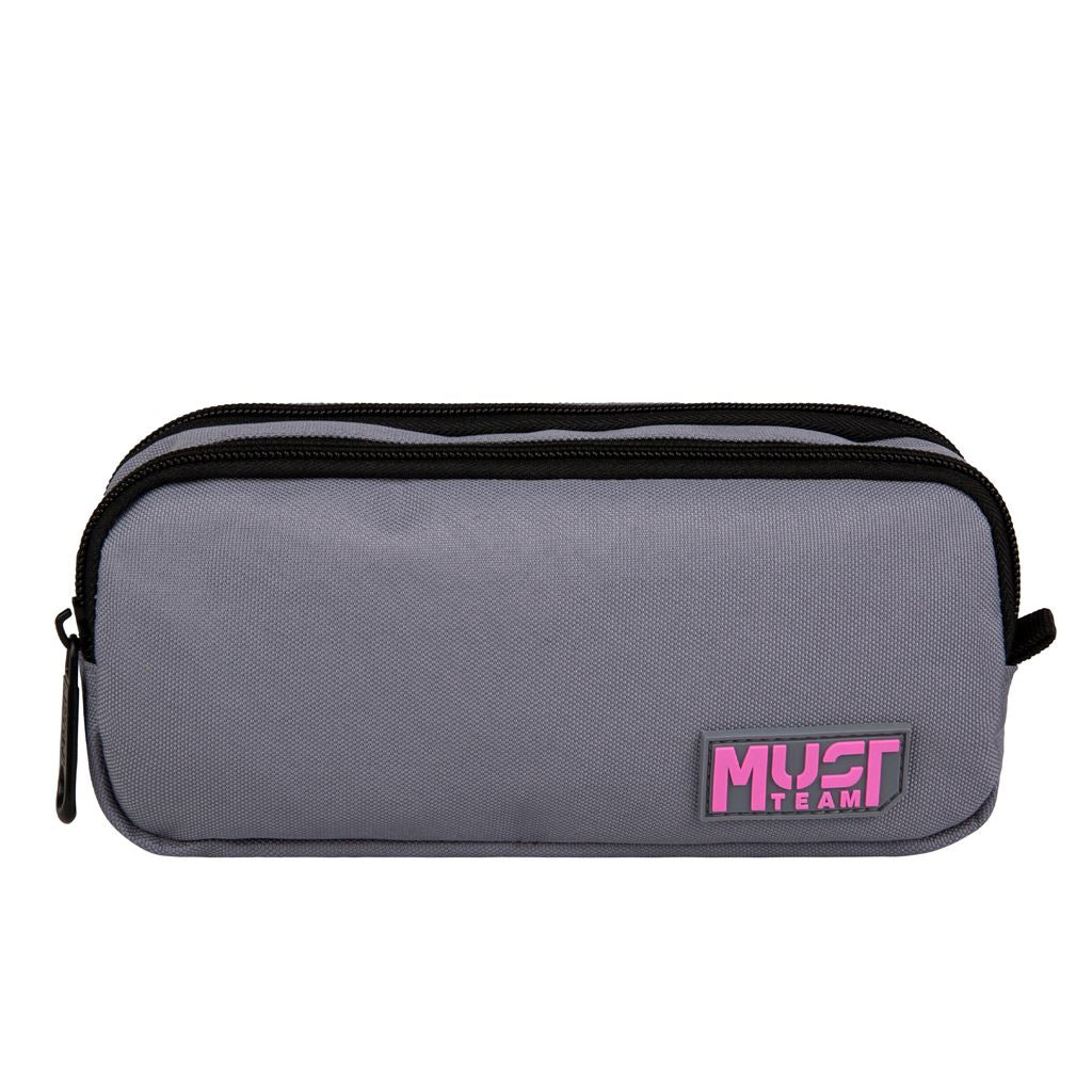 Must Team pencil case 2 zippers light grey with pink