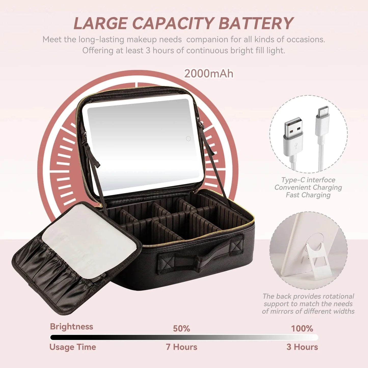 Makeup Bag with Lighted Mirror, Case Setting & Adjustable Dividers
