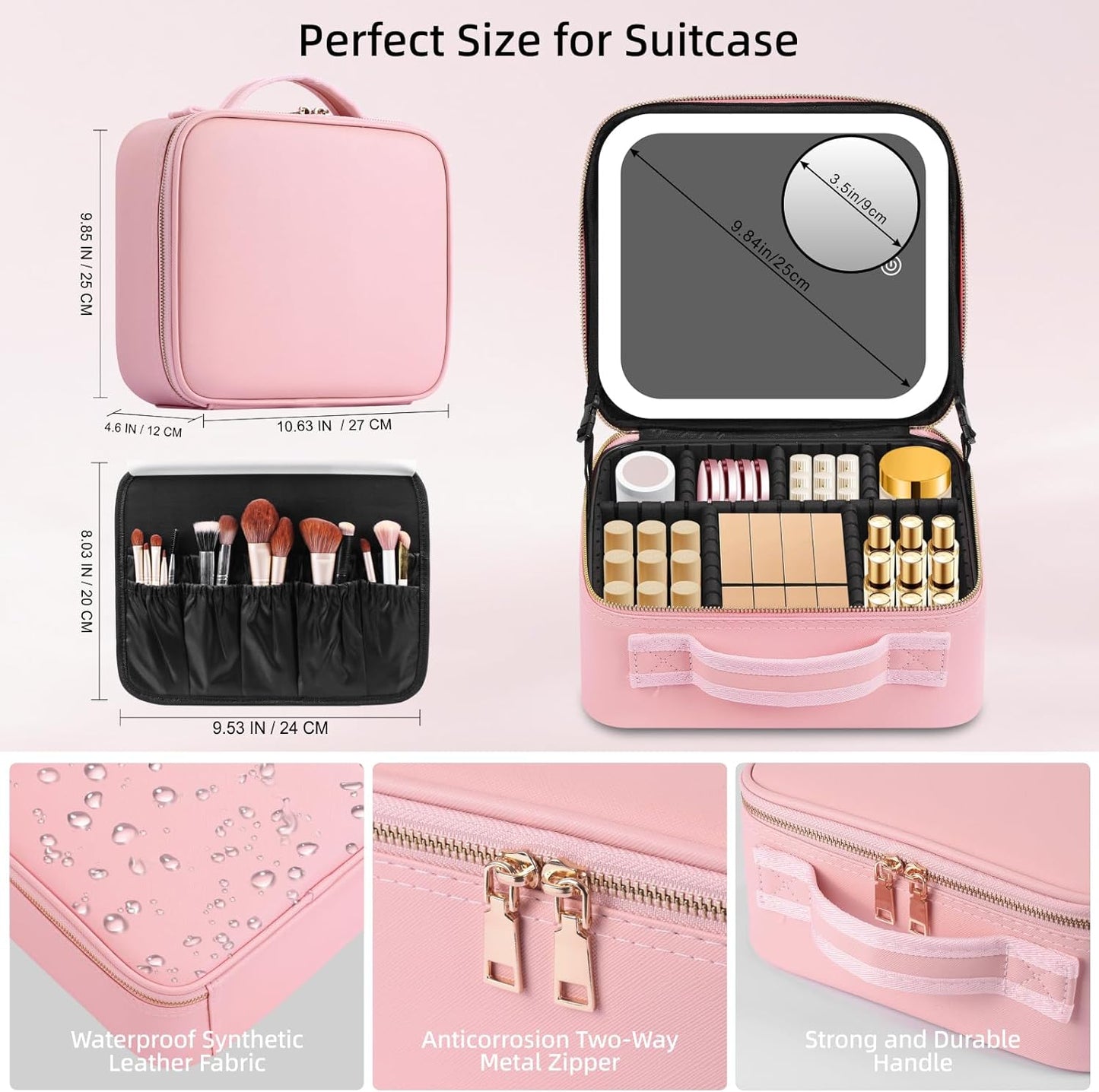 Makeup Bag with Lighted Mirror, Case Setting & Adjustable Dividers