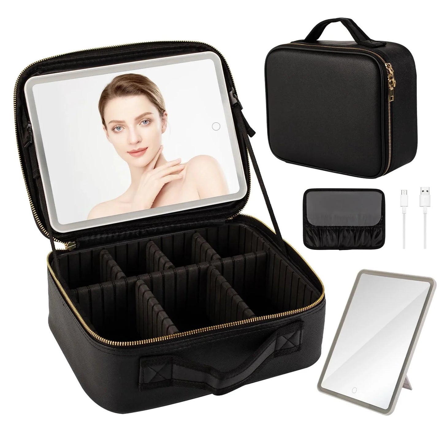 Makeup Bag with Lighted Mirror, Case Setting & Adjustable Dividers