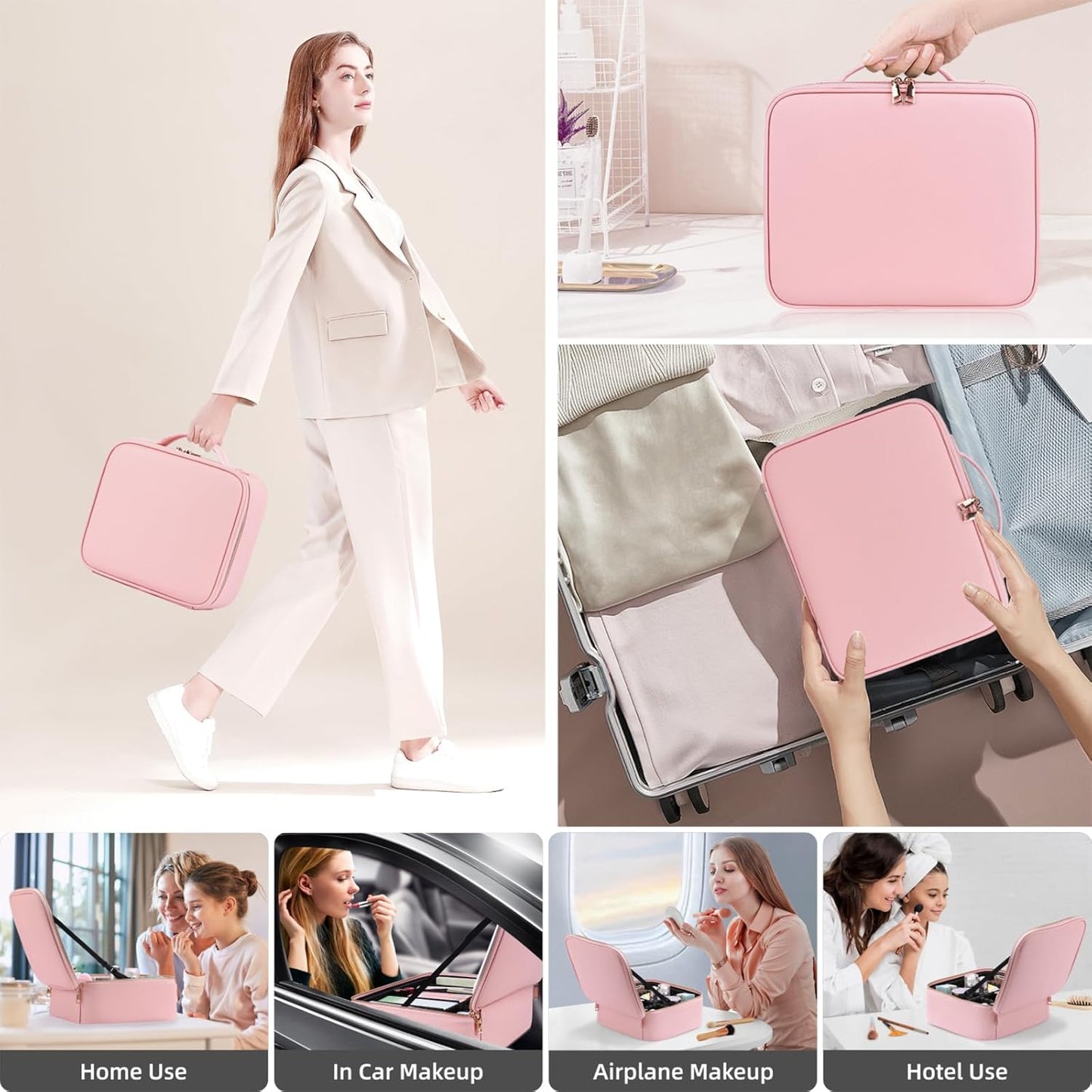 Makeup Bag with Lighted Mirror, Case Setting & Adjustable Dividers