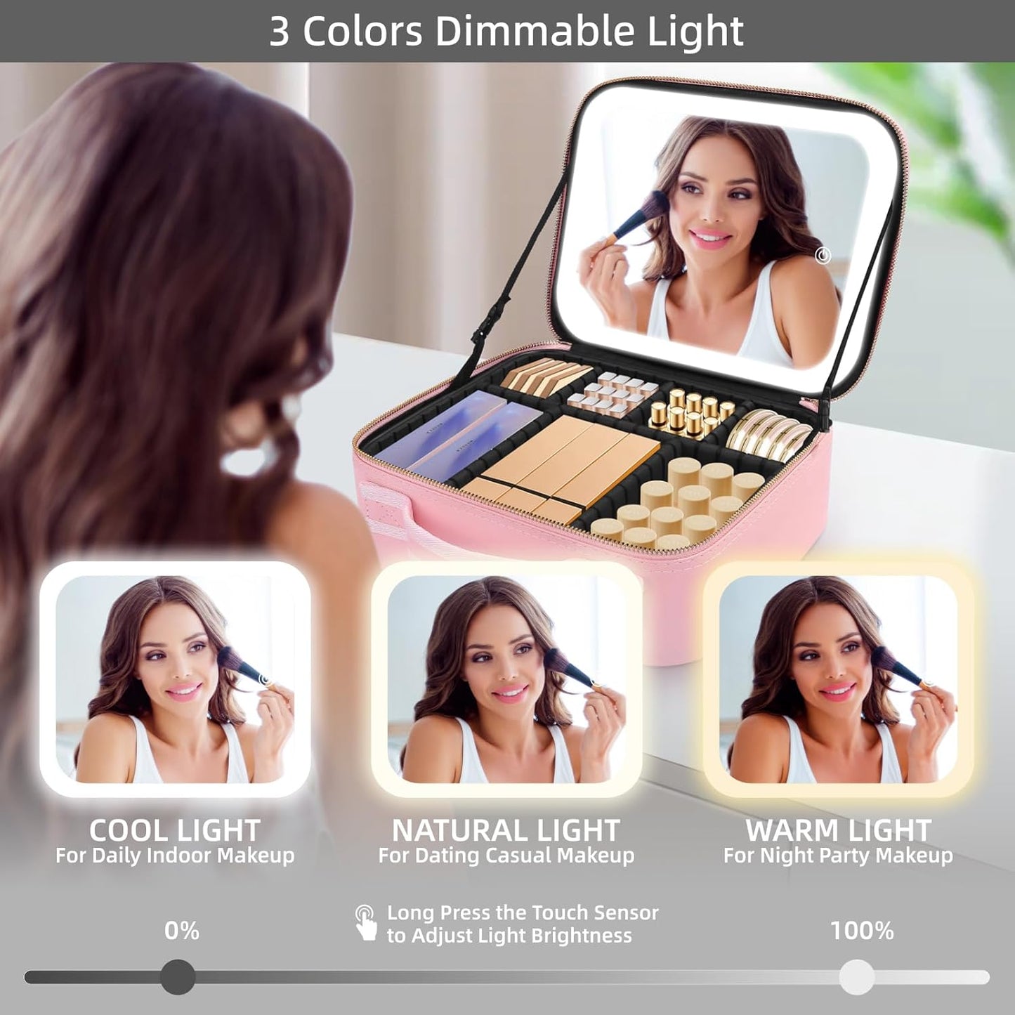Makeup Bag with Lighted Mirror, Case Setting & Adjustable Dividers