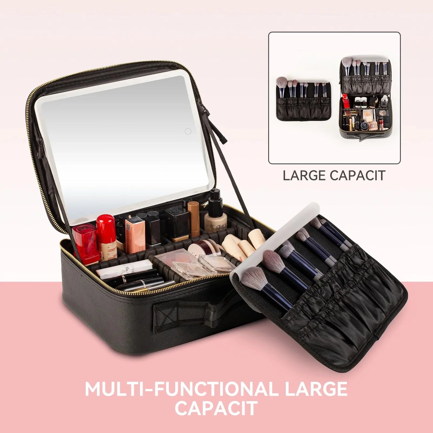 Makeup Bag with Lighted Mirror, Case Setting & Adjustable Dividers