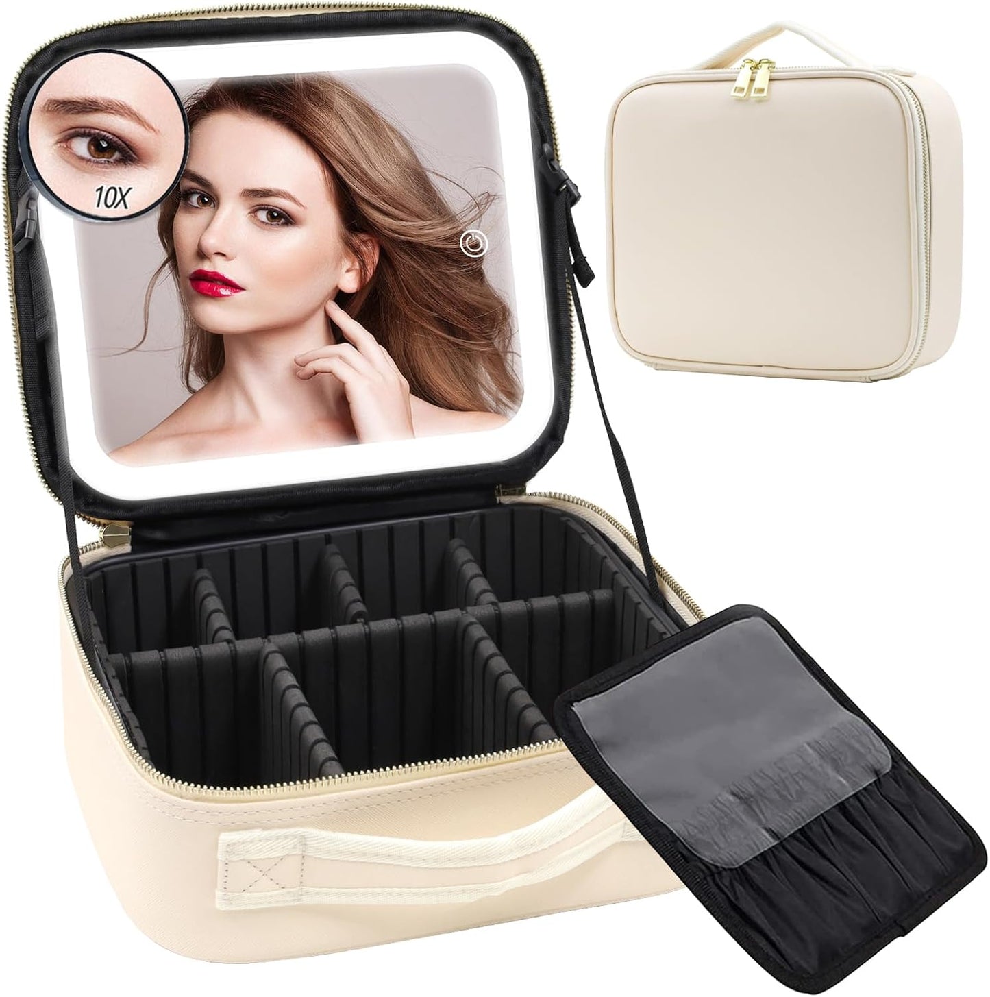 Makeup Bag with Lighted Mirror, Case Setting & Adjustable Dividers