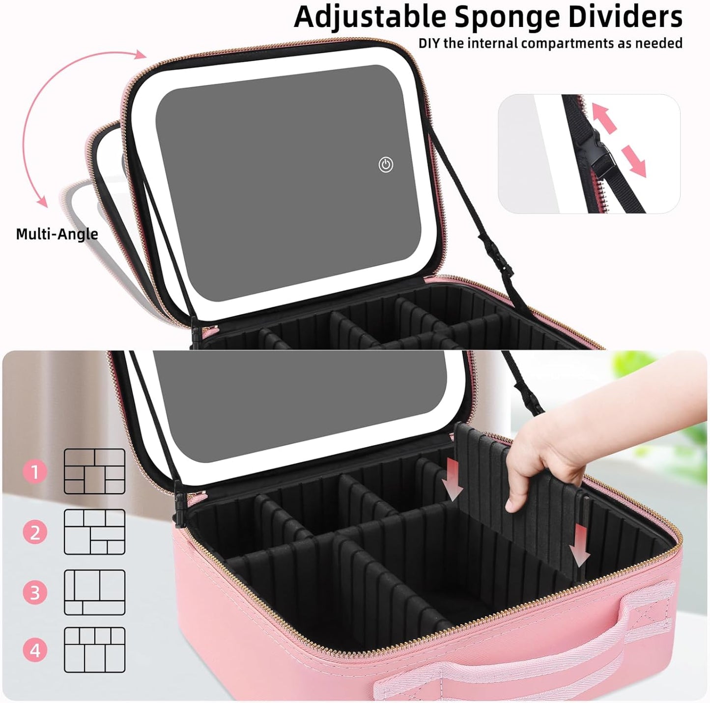 Makeup Bag with Lighted Mirror, Case Setting & Adjustable Dividers