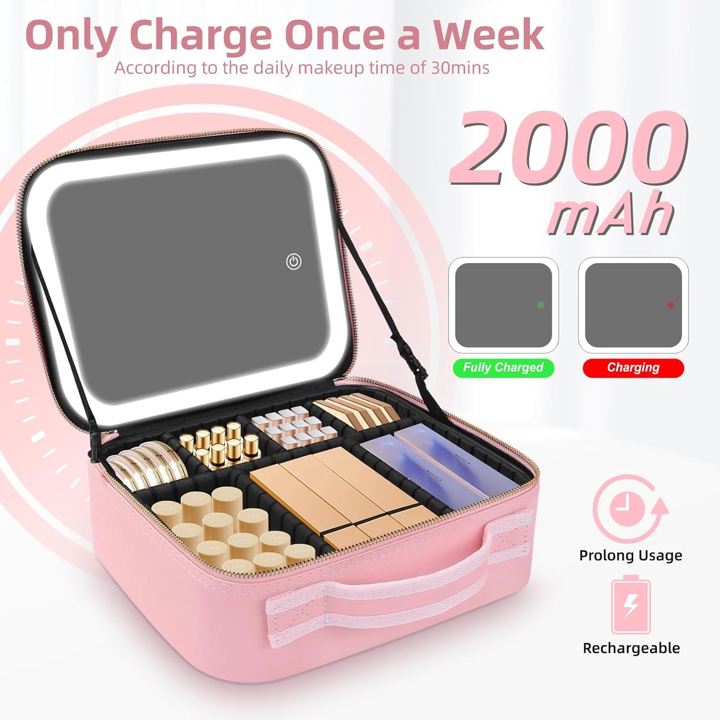 Makeup Bag with Lighted Mirror, Case Setting & Adjustable Dividers