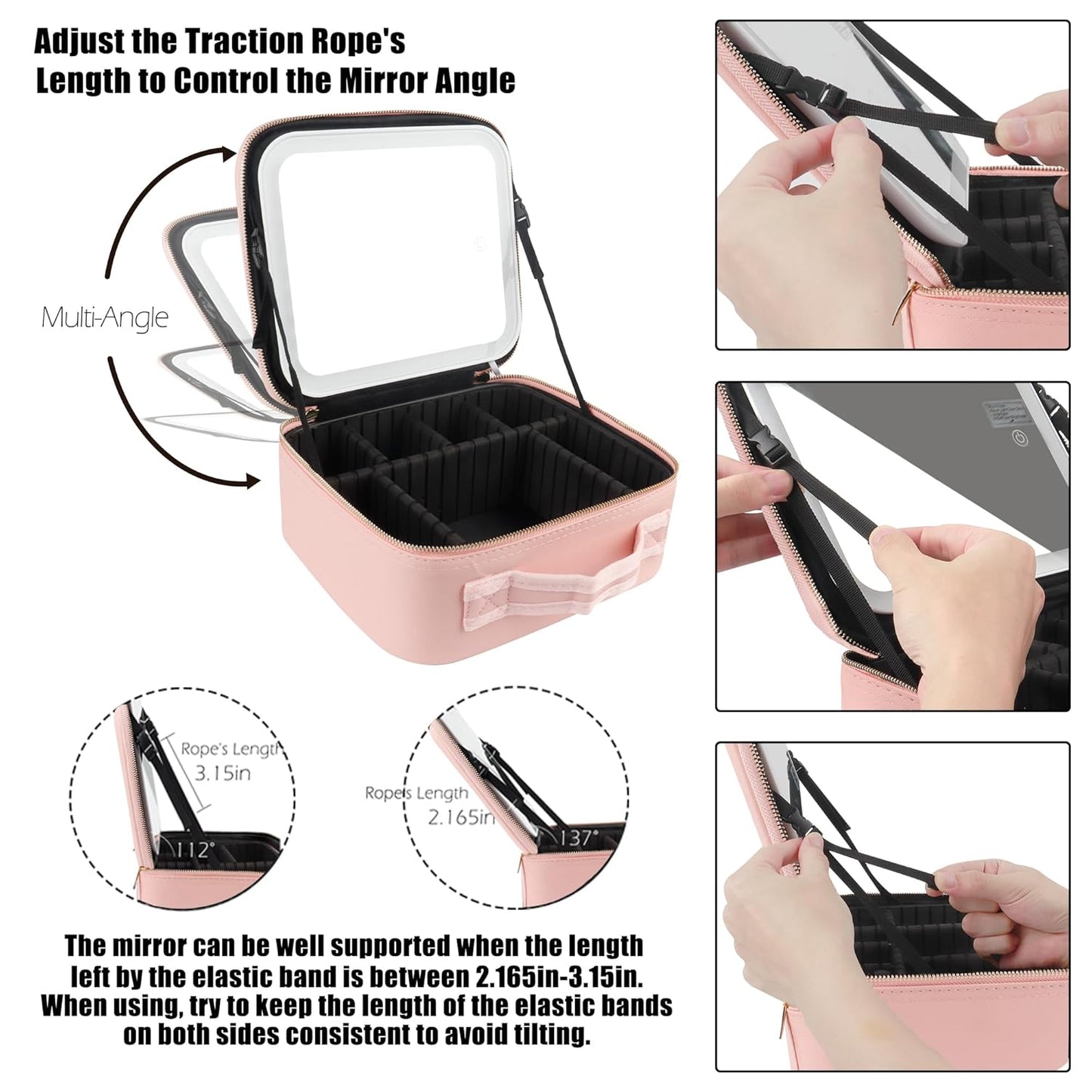 Makeup Bag with Lighted Mirror, Case Setting & Adjustable Dividers