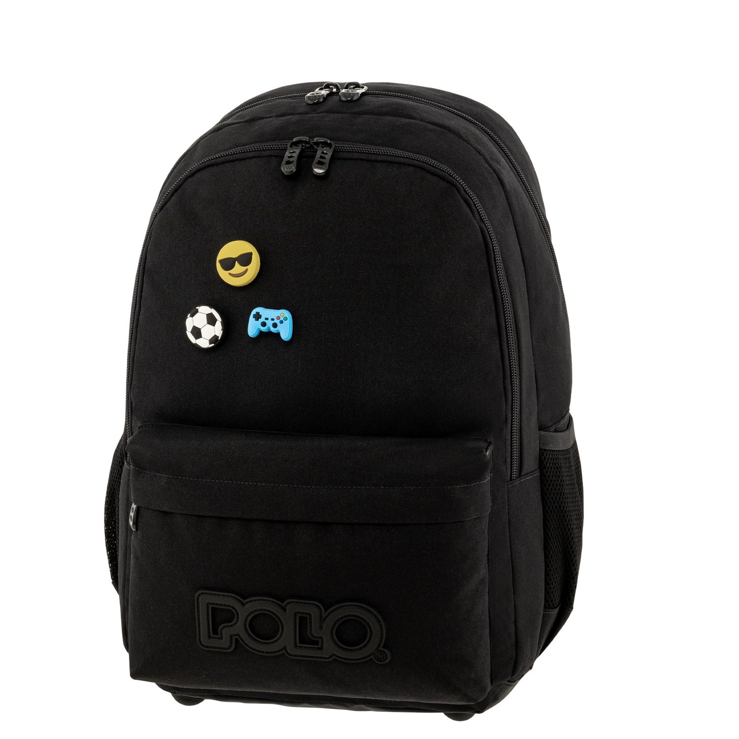 Black backpack with decorative pins