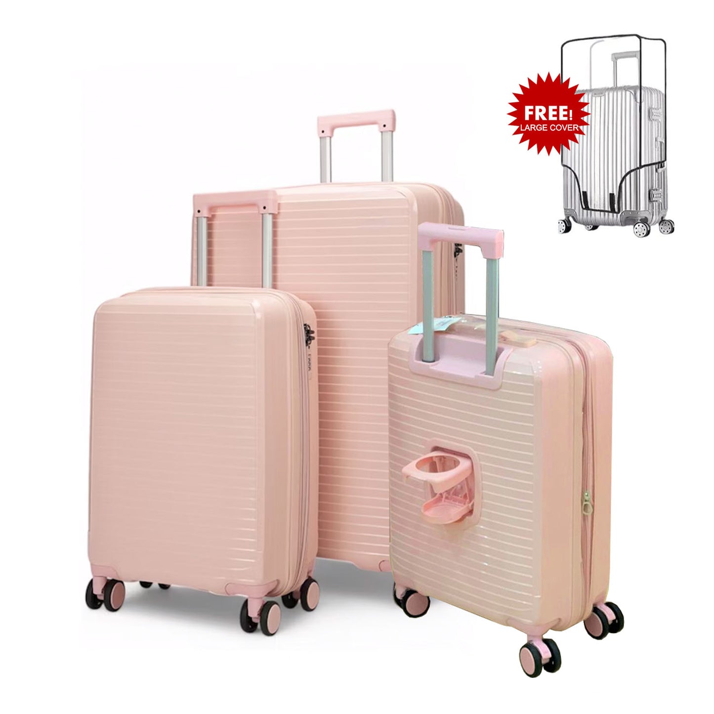 PP Luggage Set + Cup Holder - 3Pieces - Pink