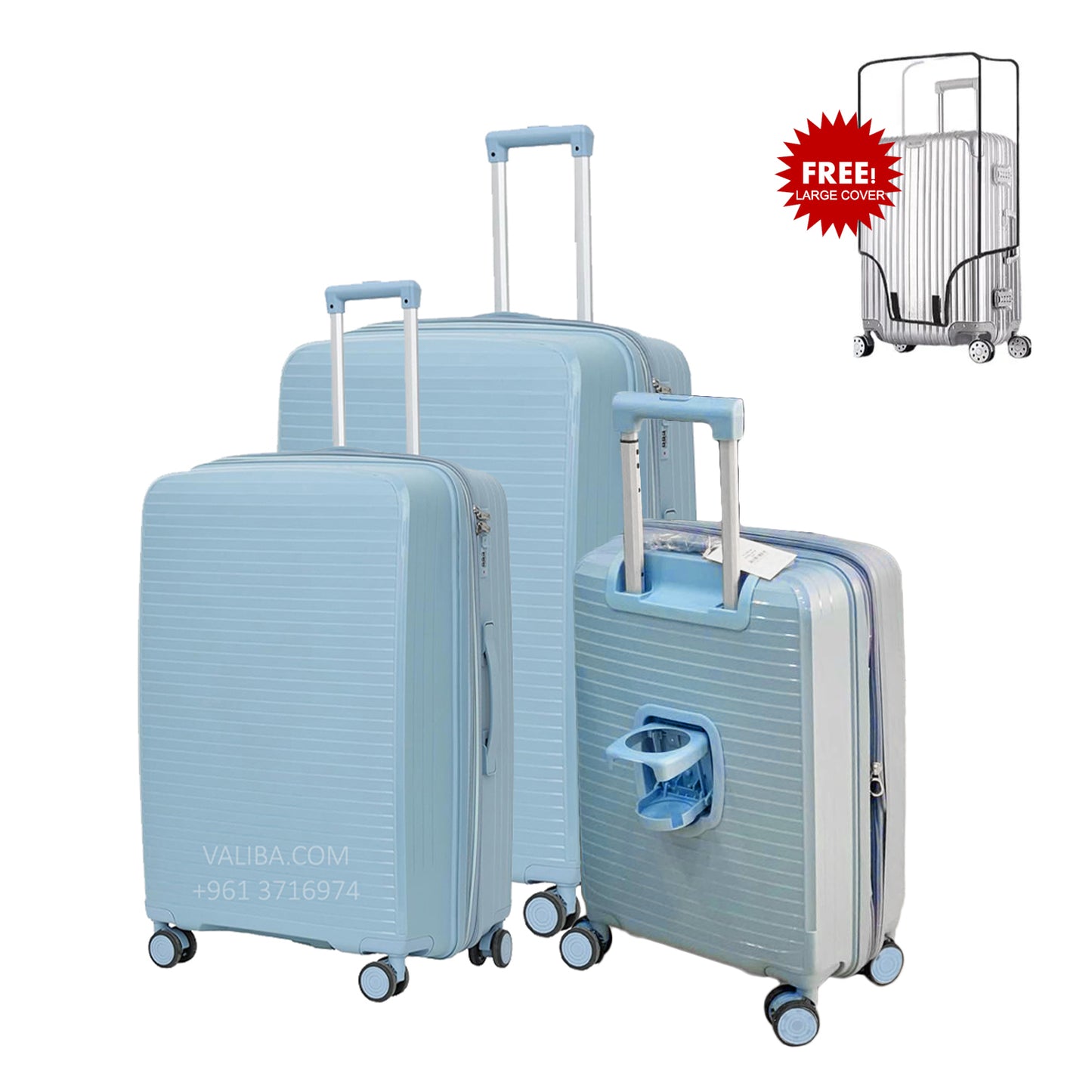 PP Luggage Set + Cup Holder - 3Pieces - Grey Blue