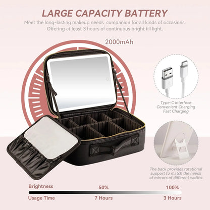 Makeup Bag with Lighted Mirror, Case Setting & Adjustable Dividers