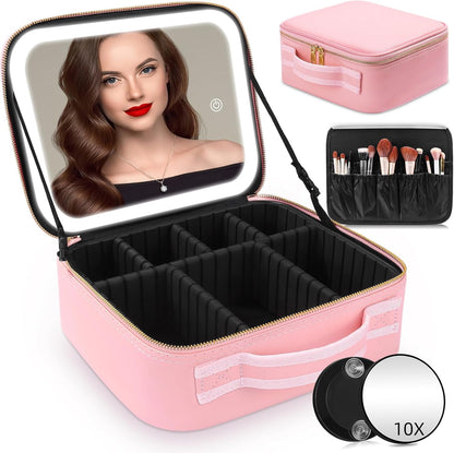 Makeup Bag with Lighted Mirror, Case Setting & Adjustable Dividers