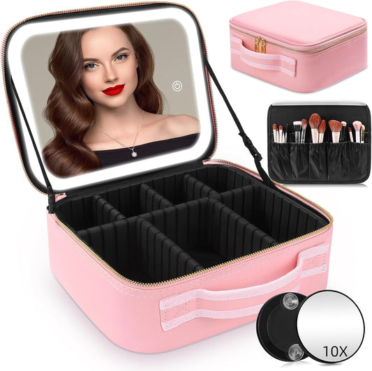 Makeup Bag with Lighted Mirror, Case Setting & Adjustable Dividers