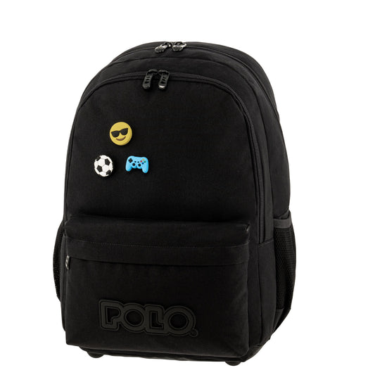 Black backpack with decorative pins 