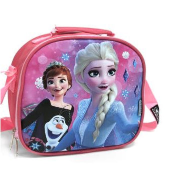 Pink lunch bag with Disney Frozen characters on a white background