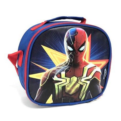Spider-Man themed lunch bag with red and blue accents on a white background
