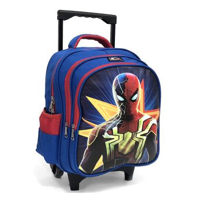 Blue rolling backpack with Spider-Man design on a white background