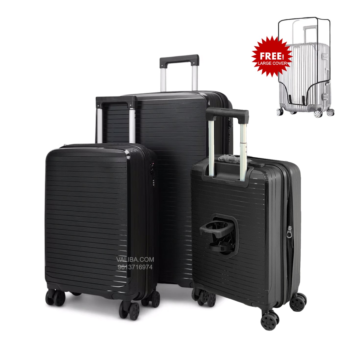 PP Luggage Set + Cup Holder - 3Pieces - Black