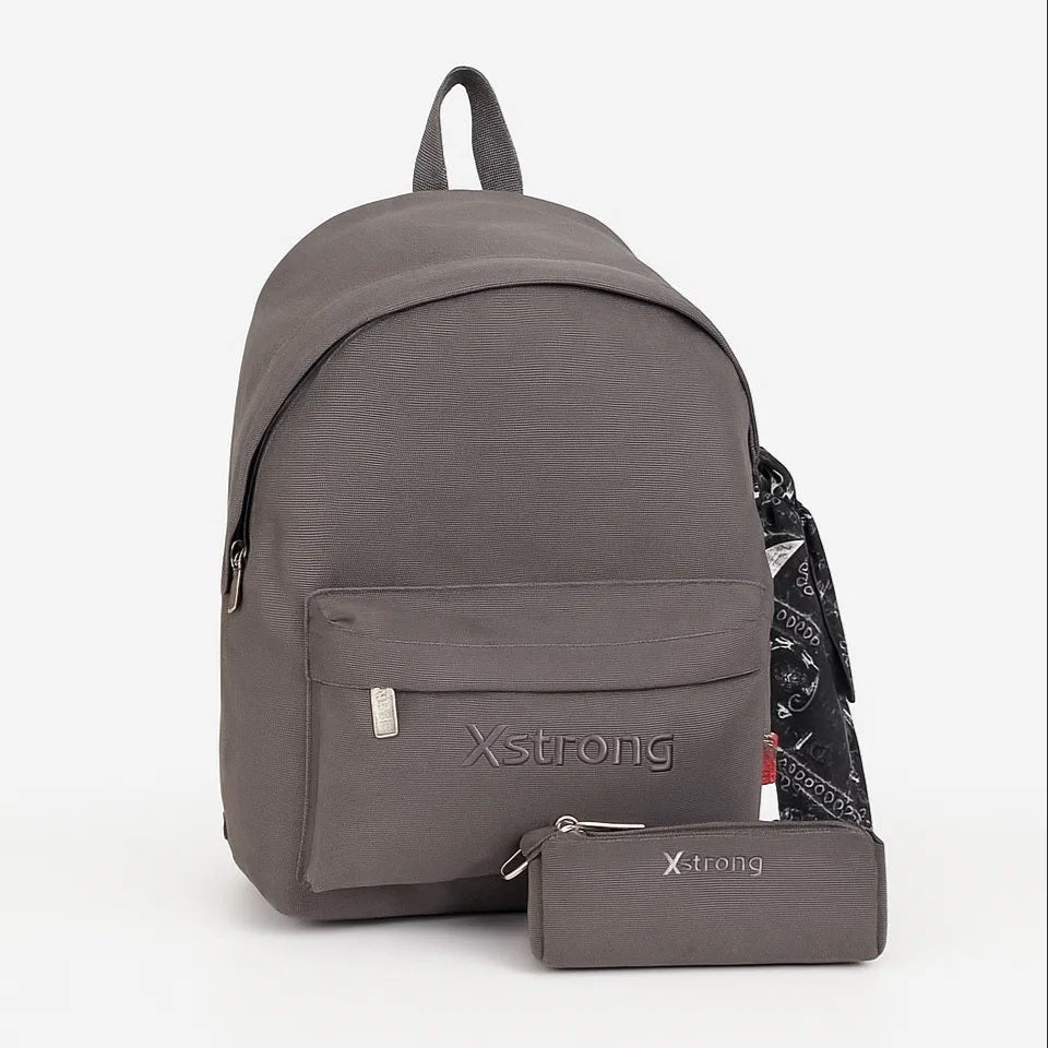 Gray backpack with a smaller pouch on a white background