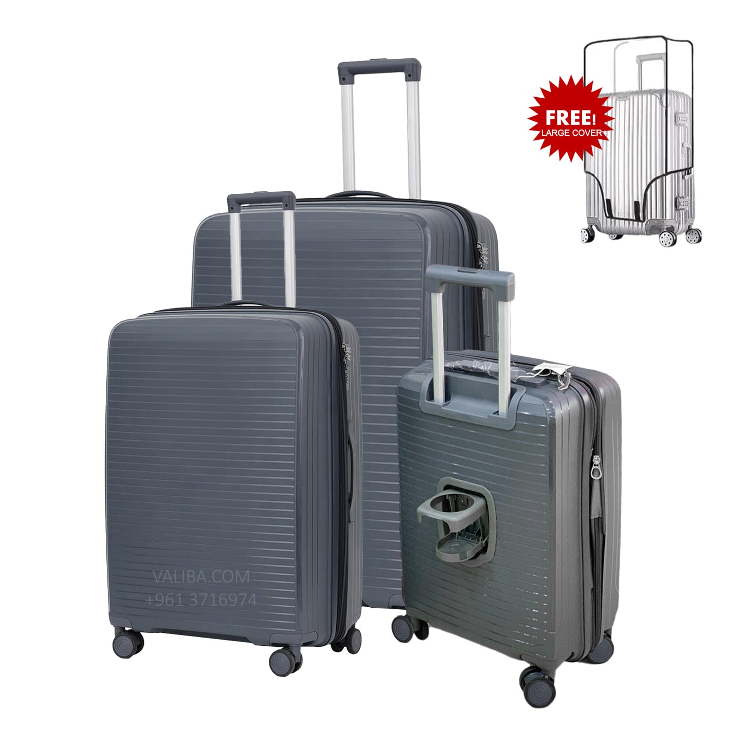 PP Luggage Set + Cup Holder - 3Pieces - Dark Grey