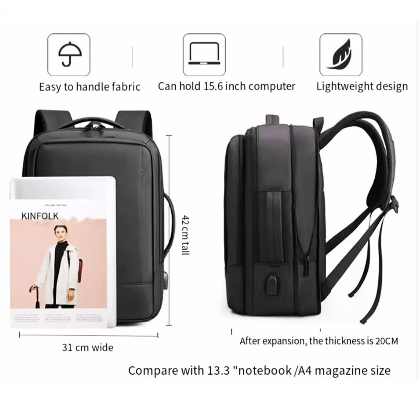 Expandable USB Charging Laptop Backpack - 15.6inch laptop